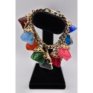 Vintage Chunky Charm Bracelet Multi-Color Lucite Gold Chain Chunky 1940s BinO